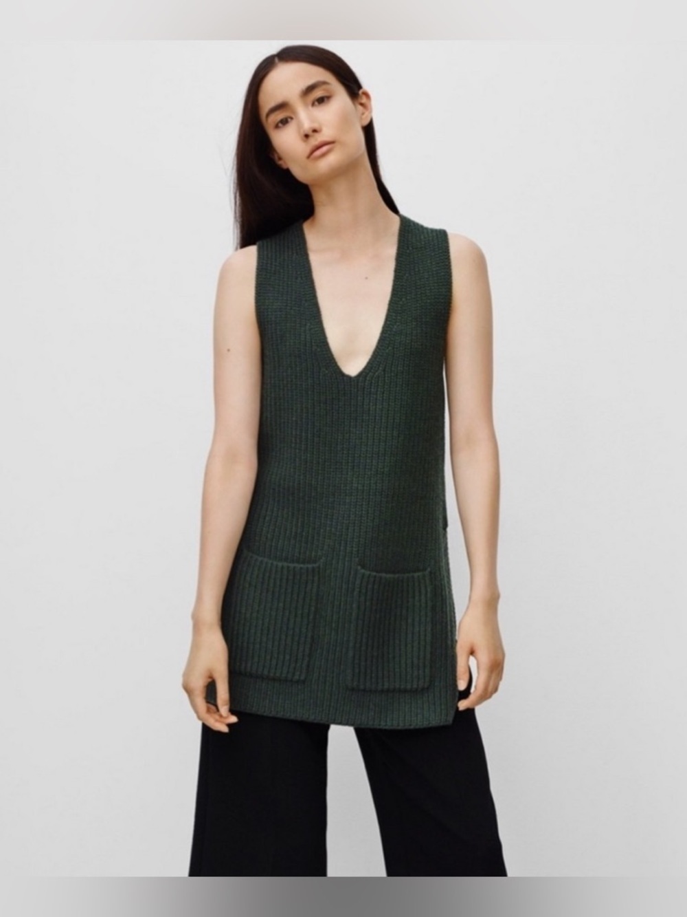 Wilfred Chartres Ribbed V-Neck Tunic Sweater Wool Aritzia Green Sleeveless Small - Picture 10 of 10